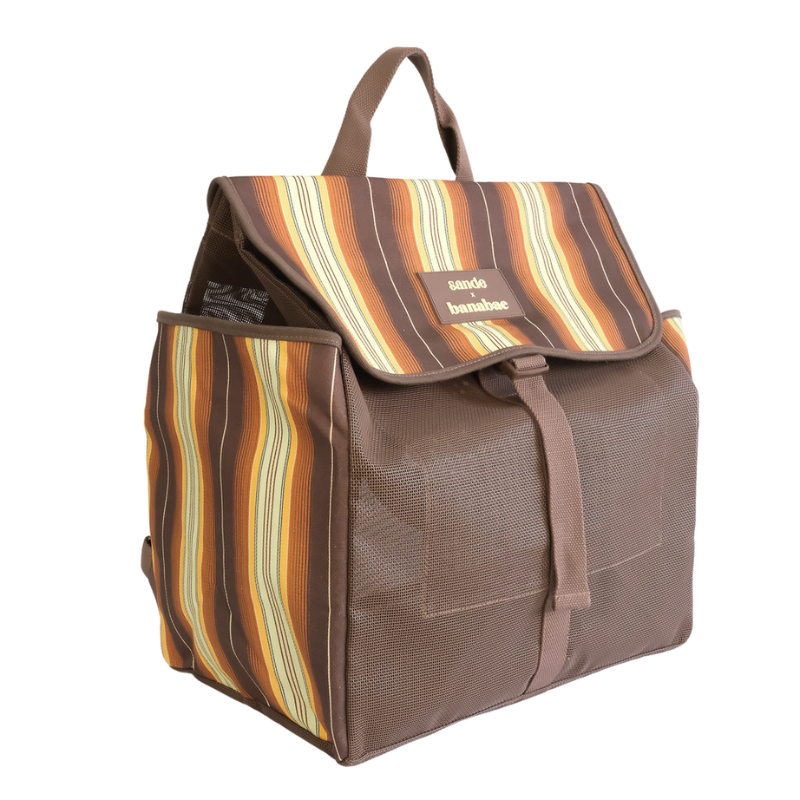 Sande x Banabae mesh beach backpack brown with retro canvas stripe - angled view