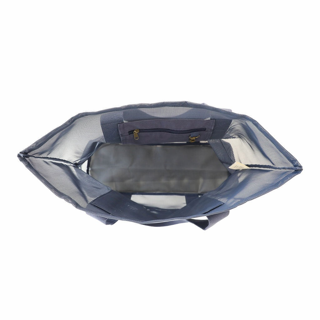 Sande Kids Beach Hauler - large mesh beach bag in Deep Sea Navy, displayed in a studio setting from the top. This view showcases the spacious interior, featuring a canvas pocket for valuables and a large mesh pocket for extra storage. Set against a white background.