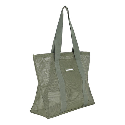 Side view of Sande Kids Beach Hauler Mini mesh beach bag in Pandanus green, shown on a white background, highlighting its large design and durable mesh material.