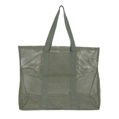 Rear view product photo on white background. Sande Kids Beach Hauler mesh beach bag sage green.