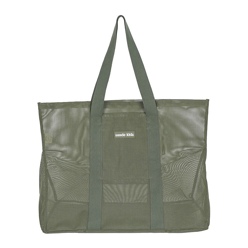 Product photo on white background of the Sande Kids Beach Hauler mesh beach bag in Pandanus green.