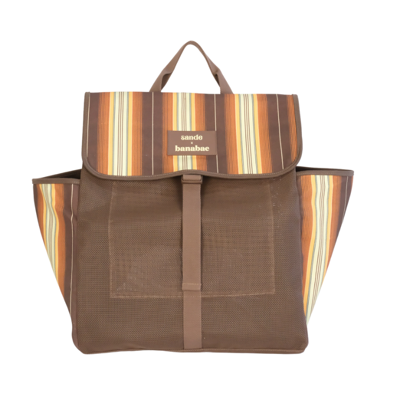 Sande  x Banabae mesh beach backpack in brown with retro stripe canvas - front view