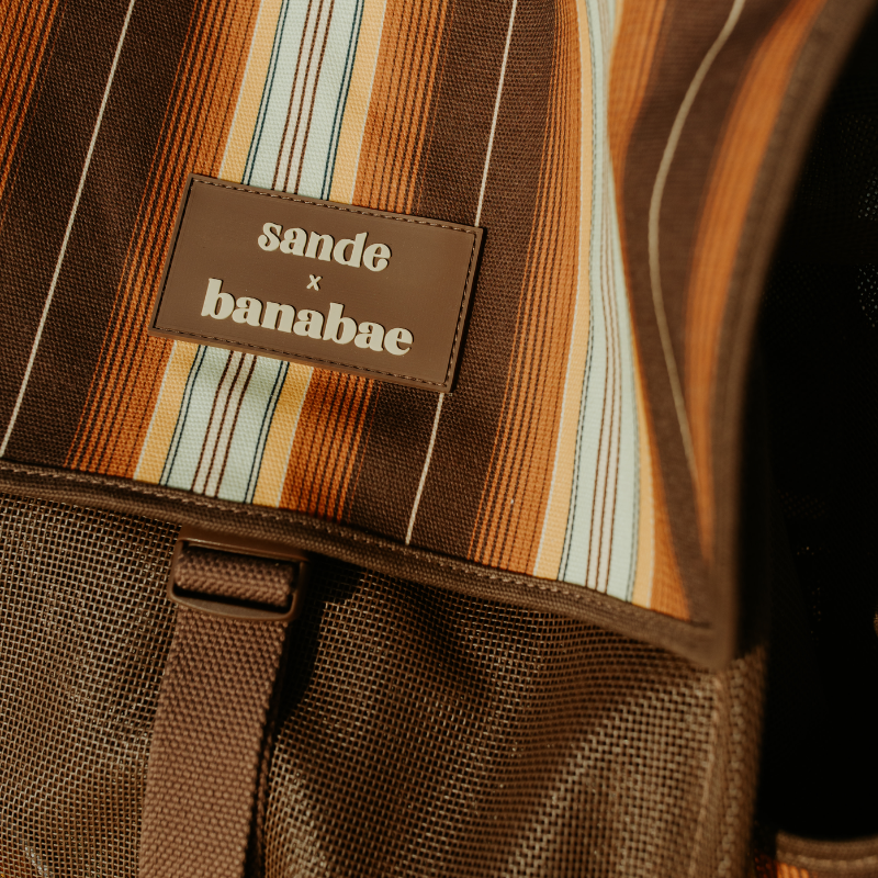 Sande x Banabae mesh beach backpack in brown with retro canvas stripe - logo