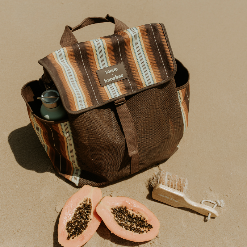 Sande x Banabae mesh beach backpack in brown with retro stripe canvas, on the beach next to papaya.