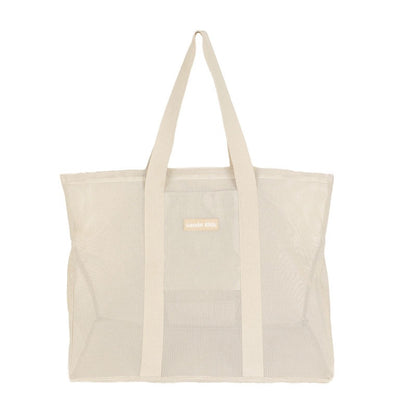 Front view of the original Sande Kids Beach Hauler mesh beach bag in Sand (neutral), showcasing its spacious design, durable mesh fabric, and family-friendly features, perfect for beach trips and outdoor adventures.