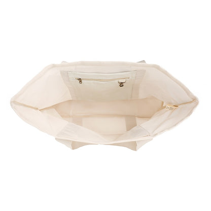 Top view of Sande Kids™ original Beach Hauler mesh bag in Sand Dune, highlighting spacious internal pockets and durable design, ideal for organizing beach essentials. Product photo on white background.