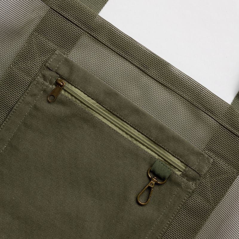 Sande Kids original mesh beach bag in army green, showcasing the internal secure canvas pocket and durable key clip for added functionality and convenience.