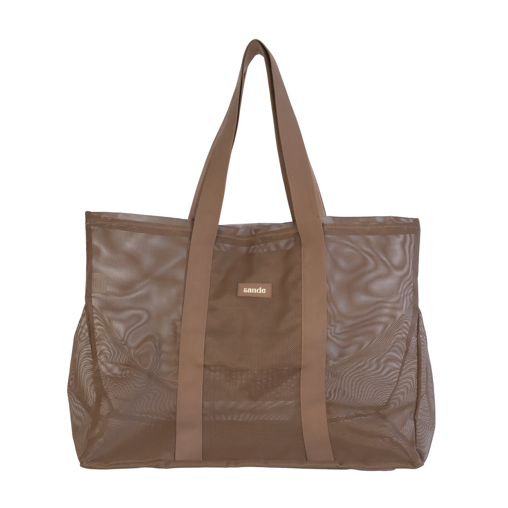Front view of the Sande™ mesh beach bag tote in Espresso Brown featuring the Sande logo, oversized capacity, and comfortable cotton straps. Shown on a white background, this durable mesh beach bag is perfect for carrying beach essentials, family beach days, market trips, and outdoor adventures.