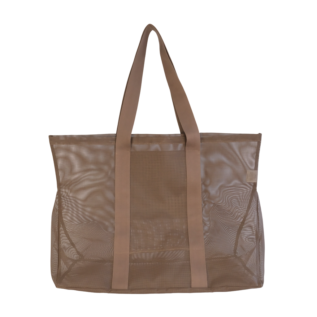 Rear view of the Sande™ mesh beach bag tote in Espresso Brown featuring the Sande logo, oversized capacity, and comfortable cotton straps. Shown on a white background, this durable mesh beach bag is perfect for carrying beach essentials, family beach days, market trips, and outdoor adventures.