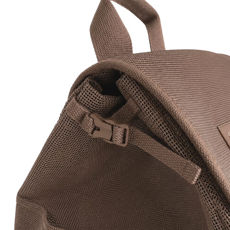 Close-up of a brown mesh backpack with small side clips to compress the bag. On a white background.
