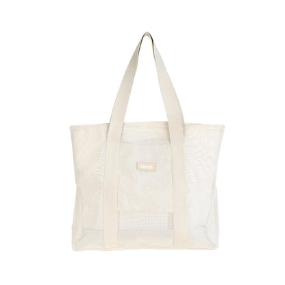 Front view of the Sande Kids Beach Hauler Mini mesh beach bag in Sand/neutral colorway against a white background. This stylish and functional beach bag is designed for families, showcasing its spacious interior and durable mesh fabric, perfect for beach outings and outdoor activities.