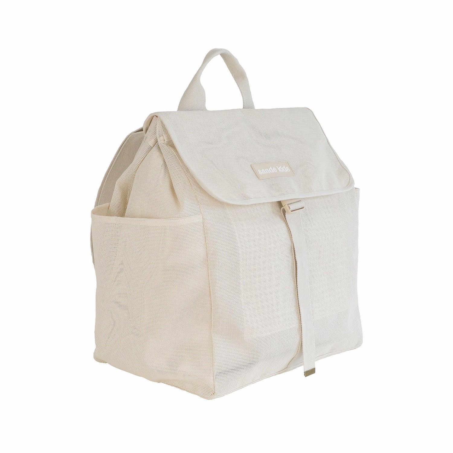 45-degree angled view of the Sande Kids Beach Hauler mesh backpack in neutral Sand colour on a white background, showcasing its spacious design and sturdy construction.