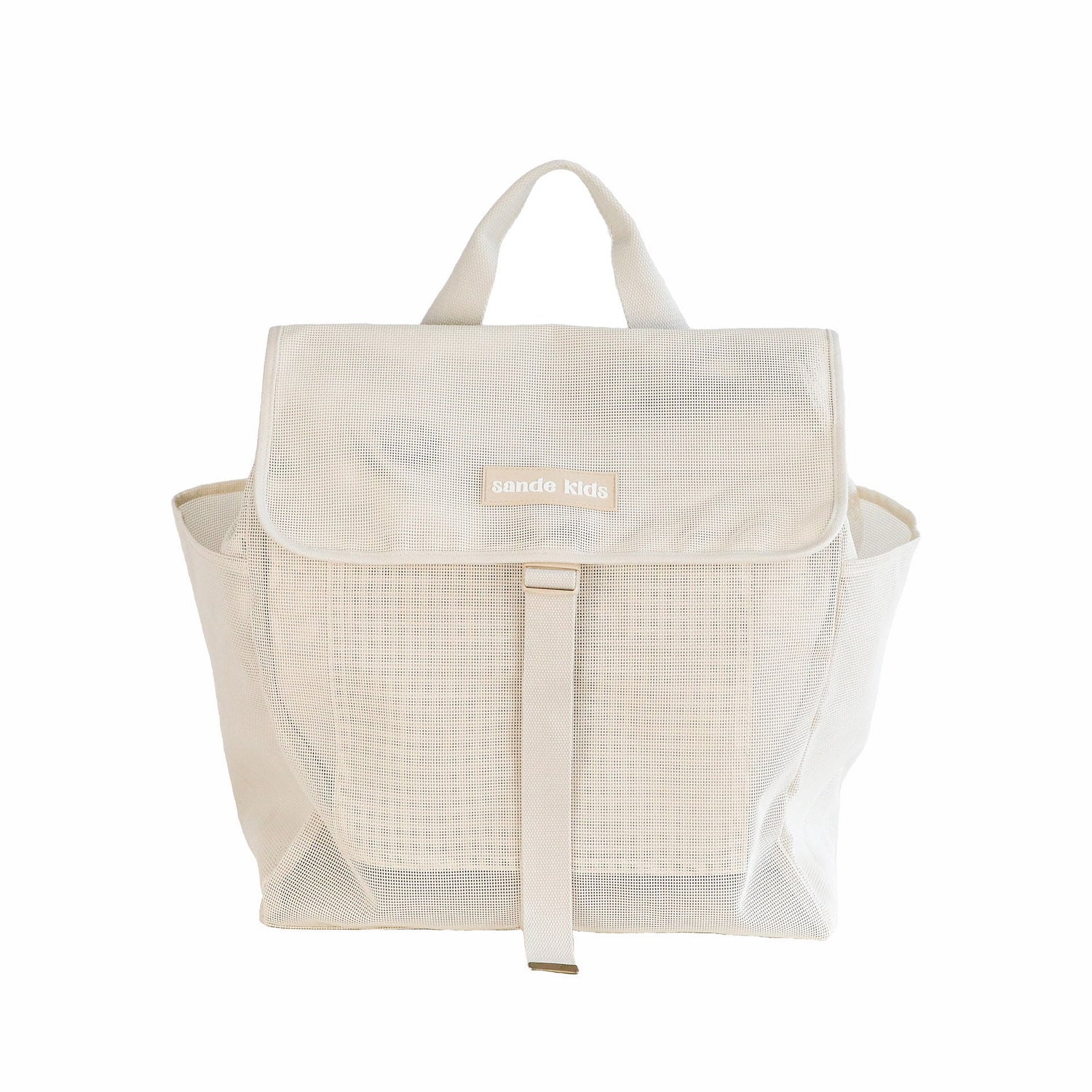 Front view of the Sande Kids Beach Hauler mesh backpack in neutral Sand color, designed for family beach outings.