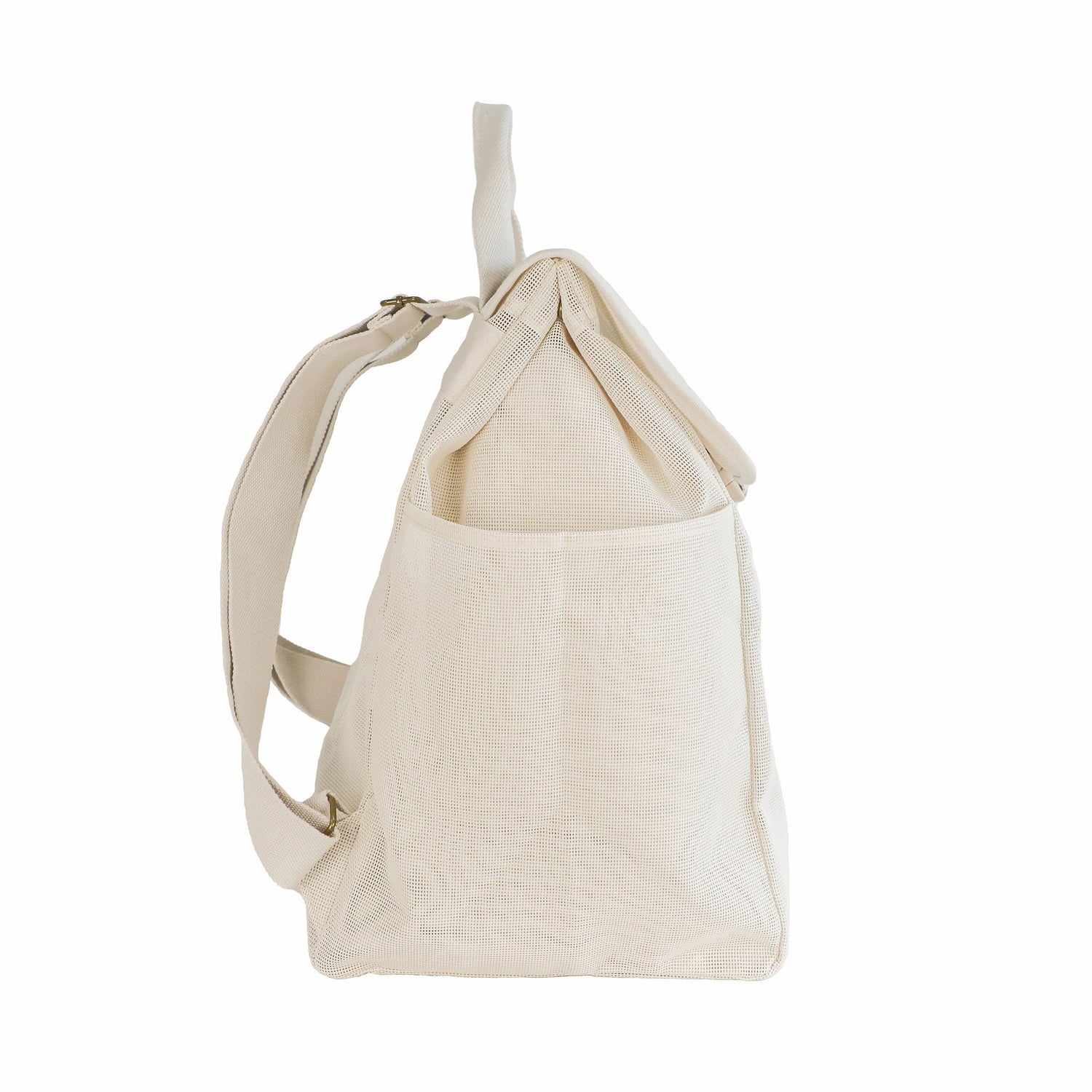 Side view of the Sande Kids Beach Hauler mesh backpack in Sand colour on a white background, highlighting backpack strap features and convenient side pockets.